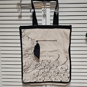 New Nanette Lepore Cream Canvas Tote with Black Trim and Graphic Print Nude Pink